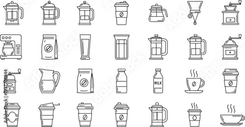 coffee, brewing, cafe, drink, barista, equipment, french, press, grinder, cup, line, icon, set, outline, vector, collection, minimal, illustration, beverage, kitchen