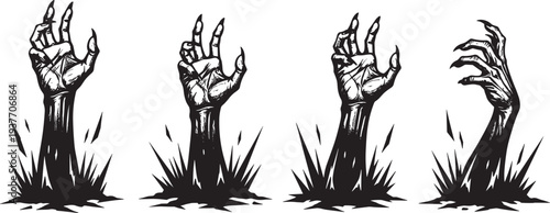 Black and white horror illustration showing skeletal zombie hands rising from jagged ground, symbolizing resurrection, Halloween, undead creatures, spooky atmosphere, and eerie graveyard concept art.