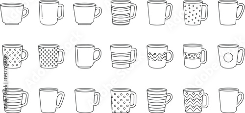 coffee, mug, cup, line, icon, set, ceramic, drinkware, kitchen, beverage, outline, vector, collection, minimal, design, illustration, isolated, tea, cafe, pack