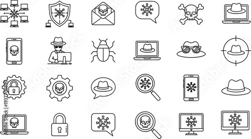 cybersecurity, hacking, malware, virus, hacker, cyber, attack, security, privacy, data, protection, line, icon, set, outline, vector, collection, digital, threat, technology