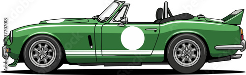 Vintage green convertible sports car viewed from side on a plain white background
