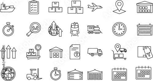 logistics, shipping, delivery, transport, cargo, warehouse, supply, chain, tracking, freight, line, icon, set, outline, vector, collection, distribution, business, shipment, industry