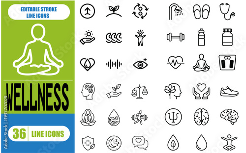 Wellness - 36 vector editable line icons collection. Essential signs for mental and body health.