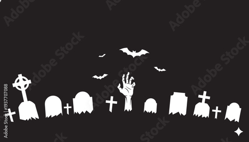 Black silhouette illustration of spooky graveyard scene with gravestones, bats, and a hand rising from the ground, symbolizing Halloween, horror, undead, and eerie supernatural atmosphere.b