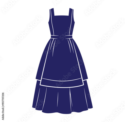 blue sleeveless dress with white lines and ruffled hem on transparent background