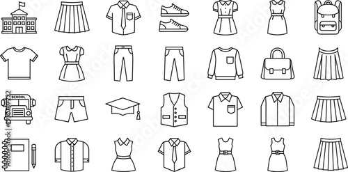 School uniform line icons set, student clothing, backpack, bus, graduation cap, education apparel symbols vector illustration collection