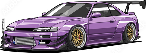 Foto A sleek, purple sports car with gold rims and a spoiler is viewed from the front