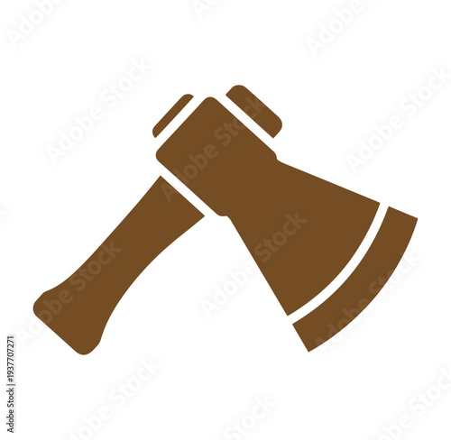 Brown axe icon with white lines on handle and blade isolated on white background