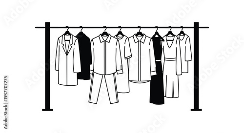 A minimalist black and white illustration depicting hanging clothes on a rack showcasing a distinct silhouette high quality professional detailed