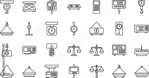 weight, scale, measurement, digital, balance, weighing, equipment, industry, tool, precision, line, icon, set, outline, vector, collection, illustration, measurement, device, kilogram