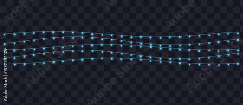 Gentle light blue glowing fairy lights softly twinkle on a transparent dark checkered surface