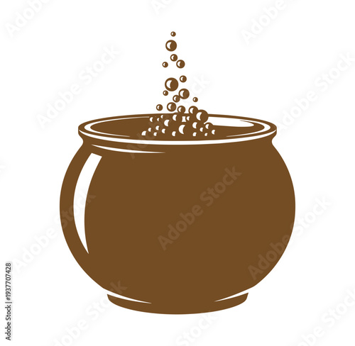 Brown ceramic pot with bubbles rising from the liquid inside  kitchenware