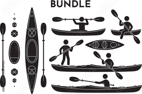 Black silhouette kayaking bundle illustration showing top view kayak equipment paddles seats hatches and multiple side view people paddling solo tandem outdoor water sport design