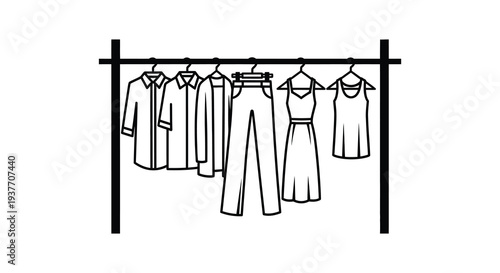 A minimalist black and white illustration depicts clothes hanging on a rack presented as a silhouette high quality professional detailed