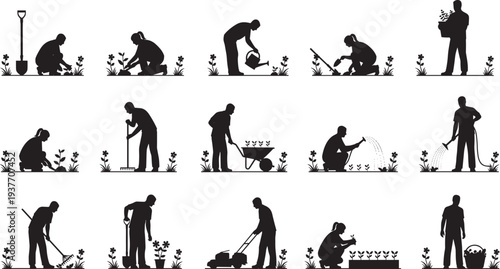 Black silhouette illustrations of people performing diverse gardening activities including planting, 