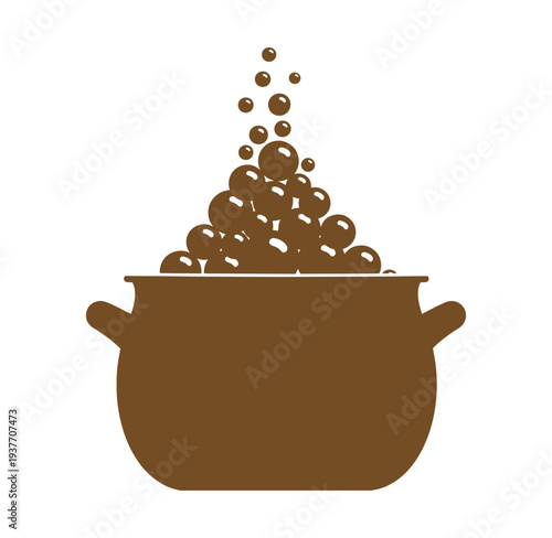 Brown pot filled with bubbles on white background