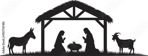 Black silhouette nativity scene illustration with stable, baby Jesus in manger, kneeling figures, donkey, goat, and holy halo, symbolizing Christmas tradition, 