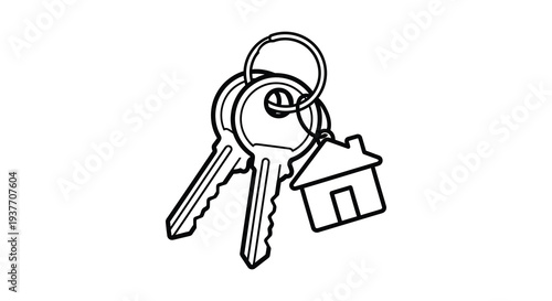 A collection of black and white keys including a house key depicted in a bold silhouette high quality