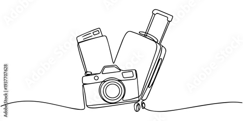 continuous one line drawing Vector illustration of a camera, smartphone, and suitcase