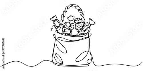 continuous one line drawing Vector illustration of a bag filled with various objects
