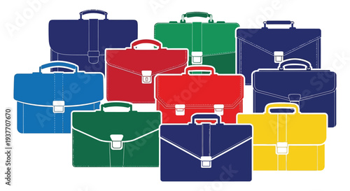 A vibrant collection of colorful briefcases are stacked together creating a bold visual composition silhouette high quality professional