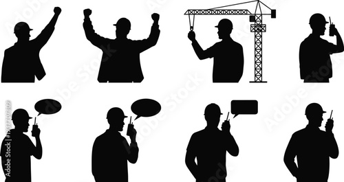 Construction engineer silhouettes with radio and crane communication, industrial supervisor worker jobsite illustration collection set