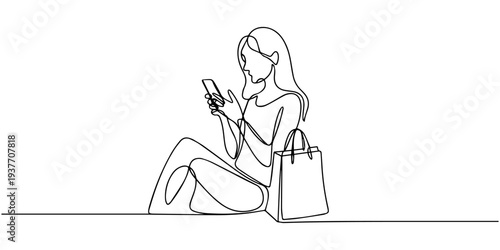 continuous one line drawing Vector illustration of woman sitting with shopping bag and smartphone