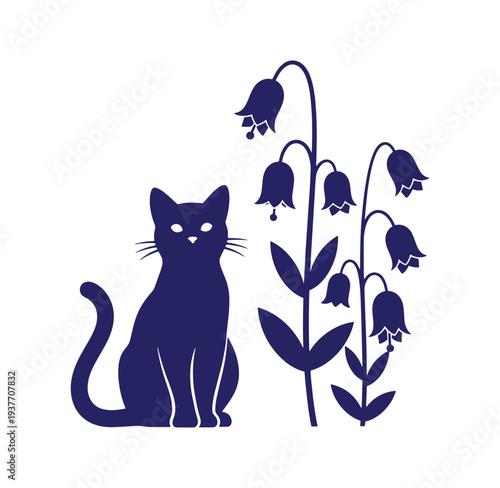Dark blue silhouette of a sitting cat next to a flowering plant  feline and flora