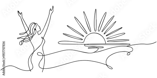 continuous one line drawing Vector line art of woman with arms raised at sunrise