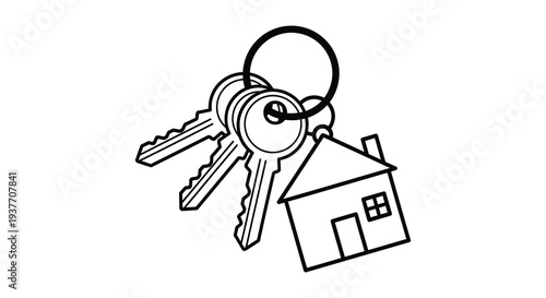 A minimalist black outline depicts keys and a house symbolizing homeownership and access silhouette high quality professional detailed