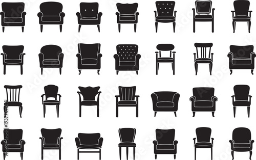 Collection of 25 modern armchair silhouette icons showcasing diverse furniture design styles, interior decor inspiration, seating variations, and home furnishing concepts for creative projects