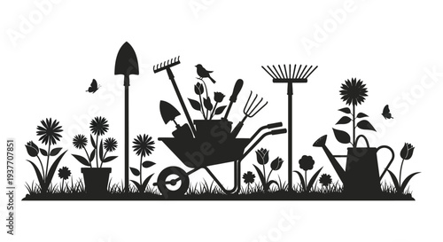 A black silhouette depicts gardening tools flowers butterflies and a wheelbarrow in a garden scene silhouette high quality