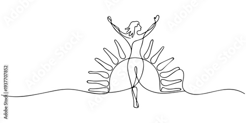 Continuous line drawing of woman jumping in front of sun