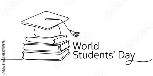continuous one line drawing Vector illustration of graduation cap and books for World Students' Day