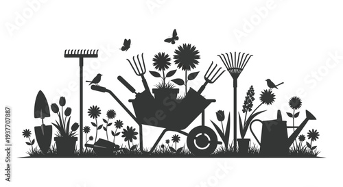 A black garden scene depicts tools flowers and birds in a detailed silhouette high quality professional modern elegant