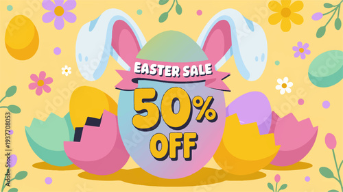 Easter sale banner with colorful eggs bunny ears and 50 off discount on yellow background