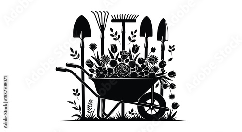 A decorative black silhouette of gardening tools flowers and a wheelbarrow against a white background silhouette high quality