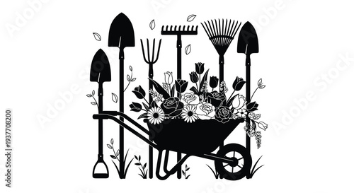 A striking black silhouette depicts gardening tools flowers and a wheelbarrow scene silhouette high quality professional detailed modern