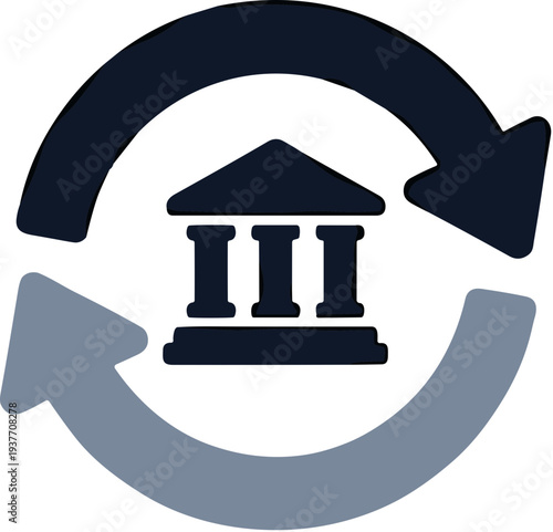 Minimalist Graphic Bank Building with Circular Arrow Rotation Element Illustration