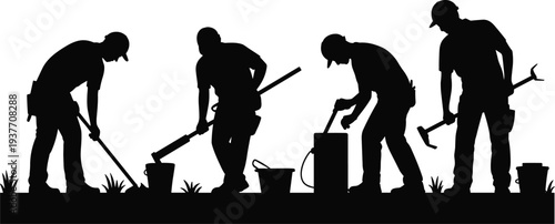 Construction worker silhouettes digging and working with tools, builders manual labor workforce industrial jobsite illustration collection