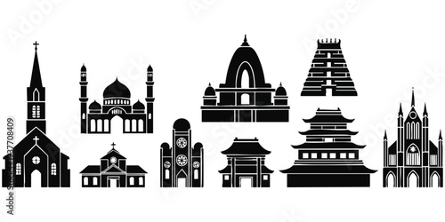 Religious Architecture Silhouette Set: Cathedral, Mosque, Hindu Temple, and Pagoda Icons
