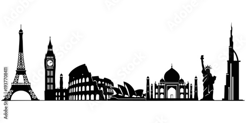 World Wonders Skyline Silhouette: Eiffel Tower, Big Ben, Colosseum, Taj Mahal, and Statue of Liberty Icons