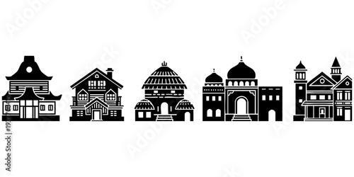 Medieval Castle and Fortress Silhouette Set: Stone Tower, Citadel, and Palace Gate Icons