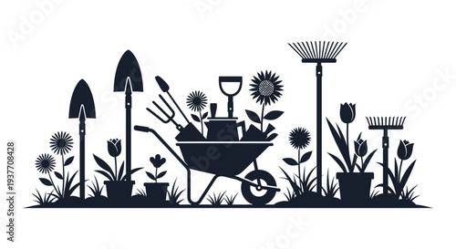 A dark garden scene depicts various tools plants and a wheelbarrow in a striking silhouette high quality professional