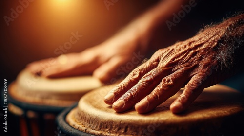 Hands playing conga drums with a warm, golden light illuminating the scene.