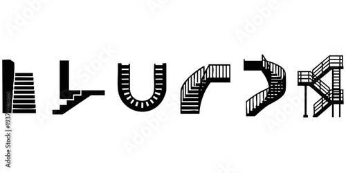 Modern Staircase and Architectural Walkway Silhouette Set: Spiral, Industrial, and Exterior Step Icons