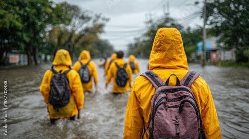People wading through floodwaters wearing yellow raincoats during a storm