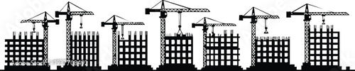 Urban Construction Site Silhouette Set: Building Frames and Tower Crane Icons