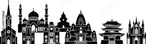 Religious Architecture Silhouette Set: Cathedral, Mosque, Hindu Temple, and Pagoda Icons