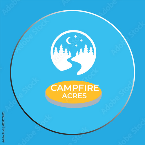 Campfire Acres Logo Template: Night Forest with Crescent Moon, River, and Pine Trees in Blue Circle"